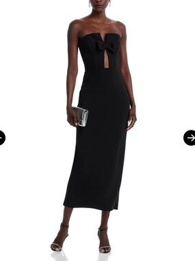 NWT $258 Aqua Strapless Black Midi Dress with Front Bow & Mesh Insert.  Size 4